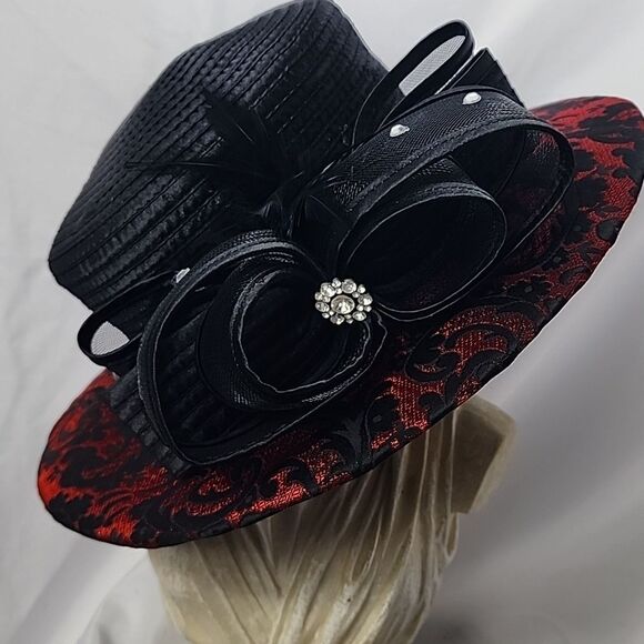 Damask Style Red & Black Hat with Mesh Bow Rhinestone & Feather Embellishment - Picture 1 of 10